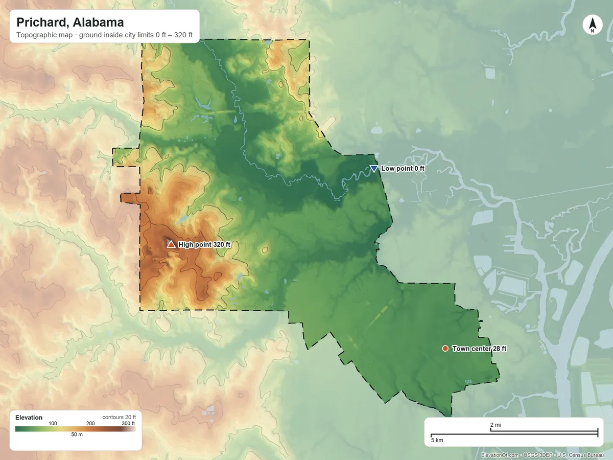 Topographic elevation map of Prichard, Alabama, shaded from 0 ft on the north side to 320 ft on the west side
