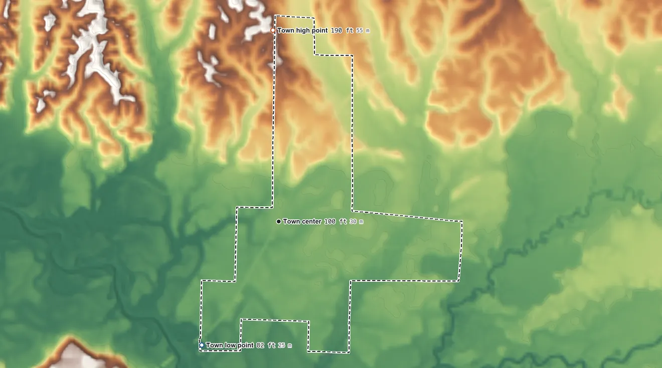 Topographic elevation map of Providence, Alabama, shaded from 82 ft on the southwest side to 190 ft on the north side