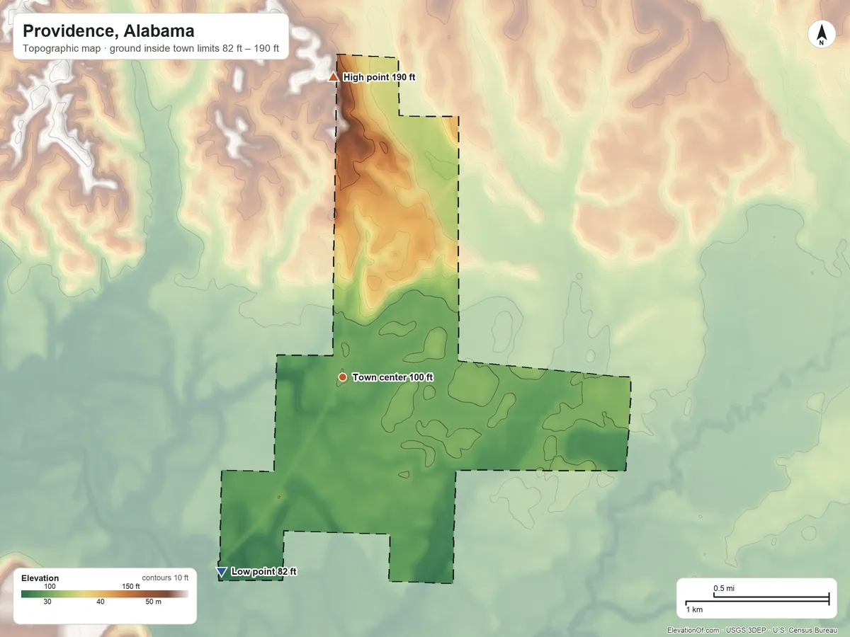 Topographic elevation map of Providence, Alabama, shaded from 82 ft on the southwest side to 190 ft on the north side