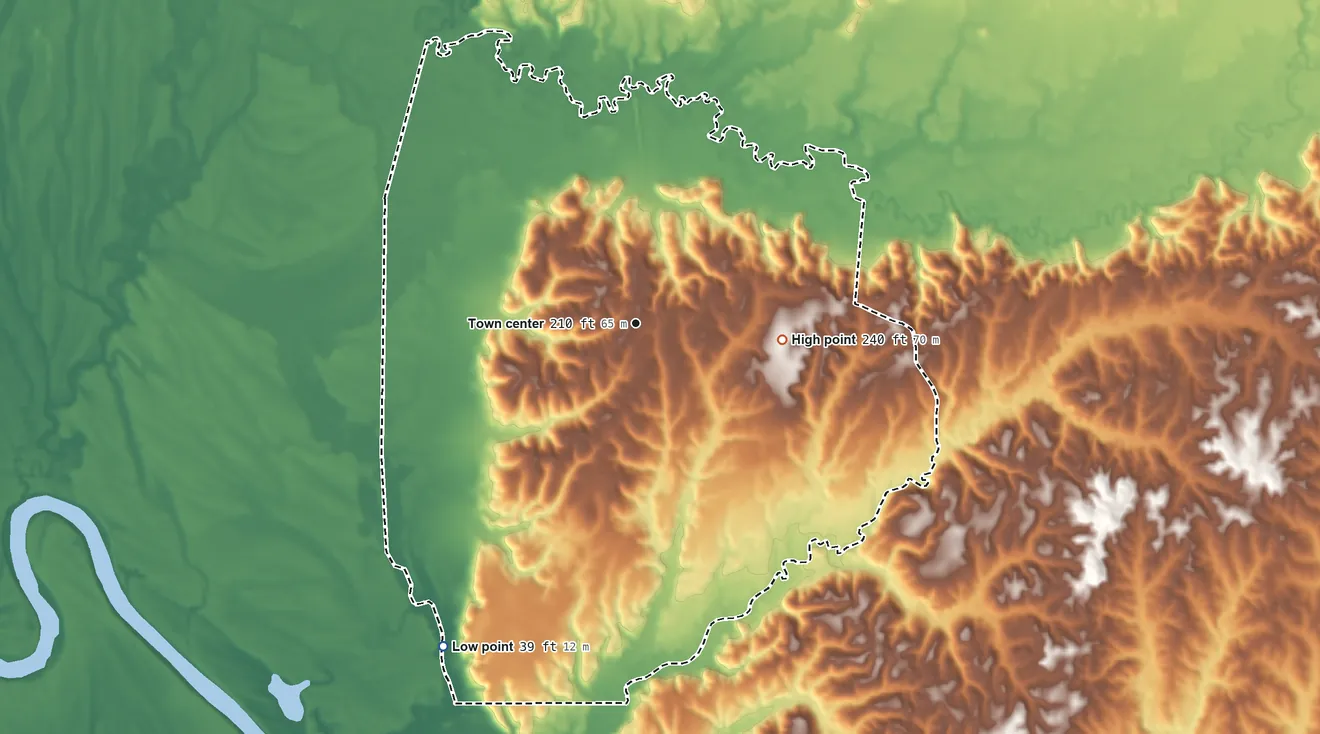 Topographic elevation map of Putnam, Alabama, shaded from 39 ft on the southwest side to 240 ft on the east side
