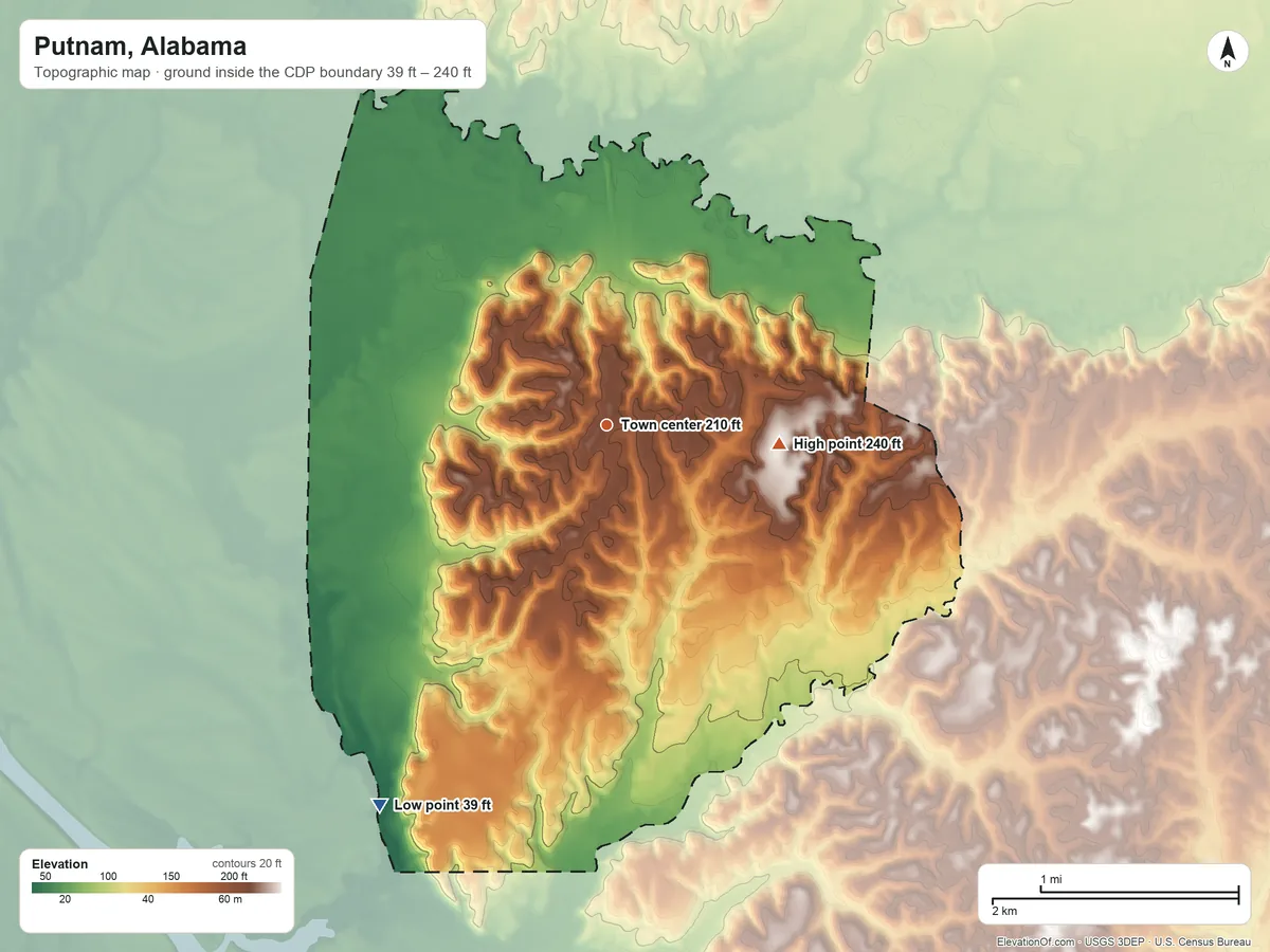 Topographic elevation map of Putnam, Alabama, shaded from 39 ft on the southwest side to 240 ft on the east side
