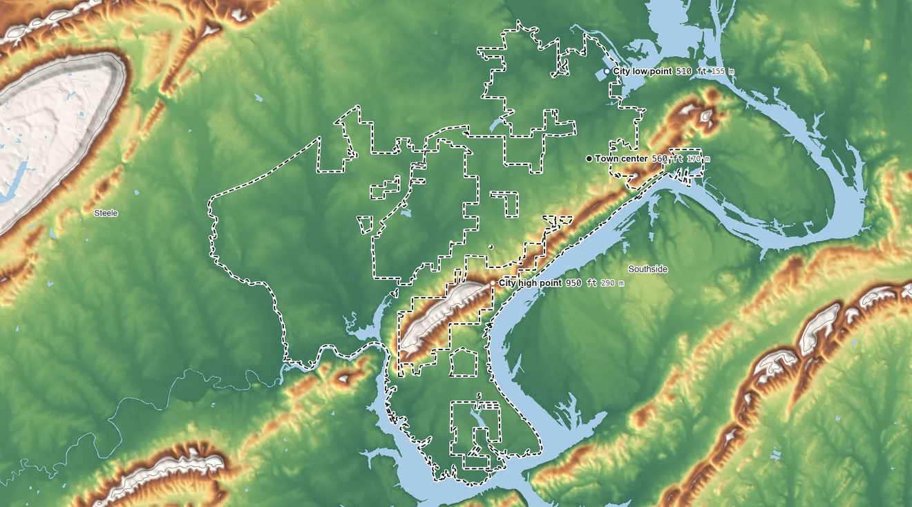 Topographic elevation map of Rainbow City, Alabama, shaded from 510 ft on the north side to 950 ft on the southwest side
