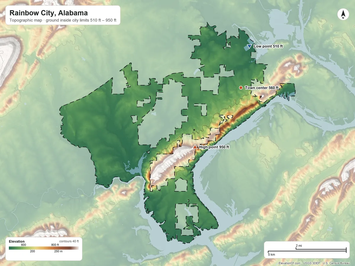 Topographic elevation map of Rainbow City, Alabama, shaded from 510 ft on the north side to 950 ft on the southwest side