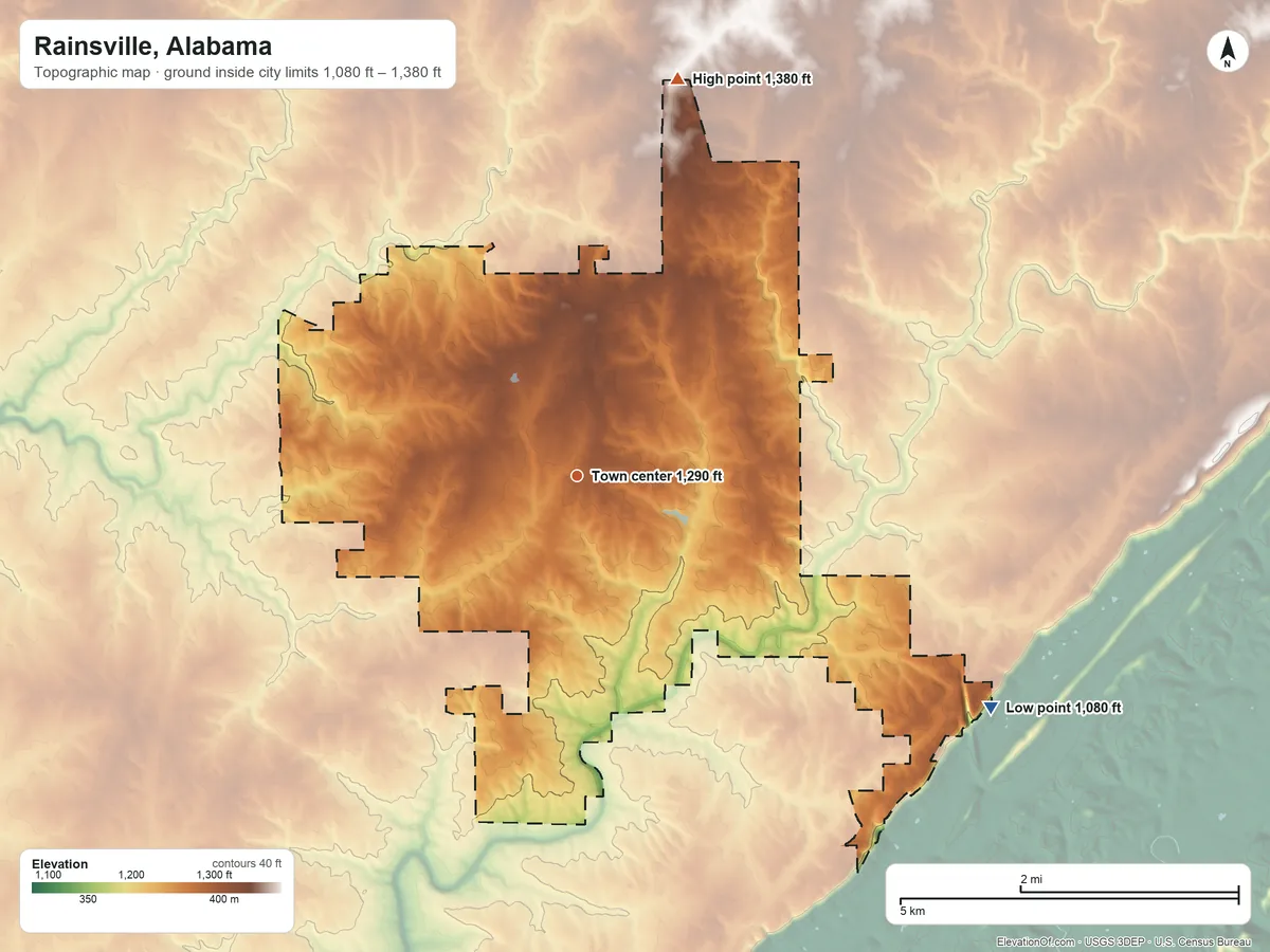 Topographic elevation map of Rainsville, Alabama, shaded from 1,080 ft on the southeast side to 1,380 ft on the north side