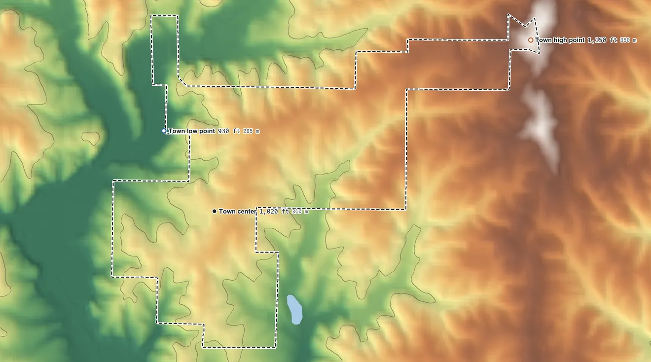 Topographic elevation map of Ranburne, Alabama, shaded from 930 ft on the northwest side to 1,150 ft on the northeast side