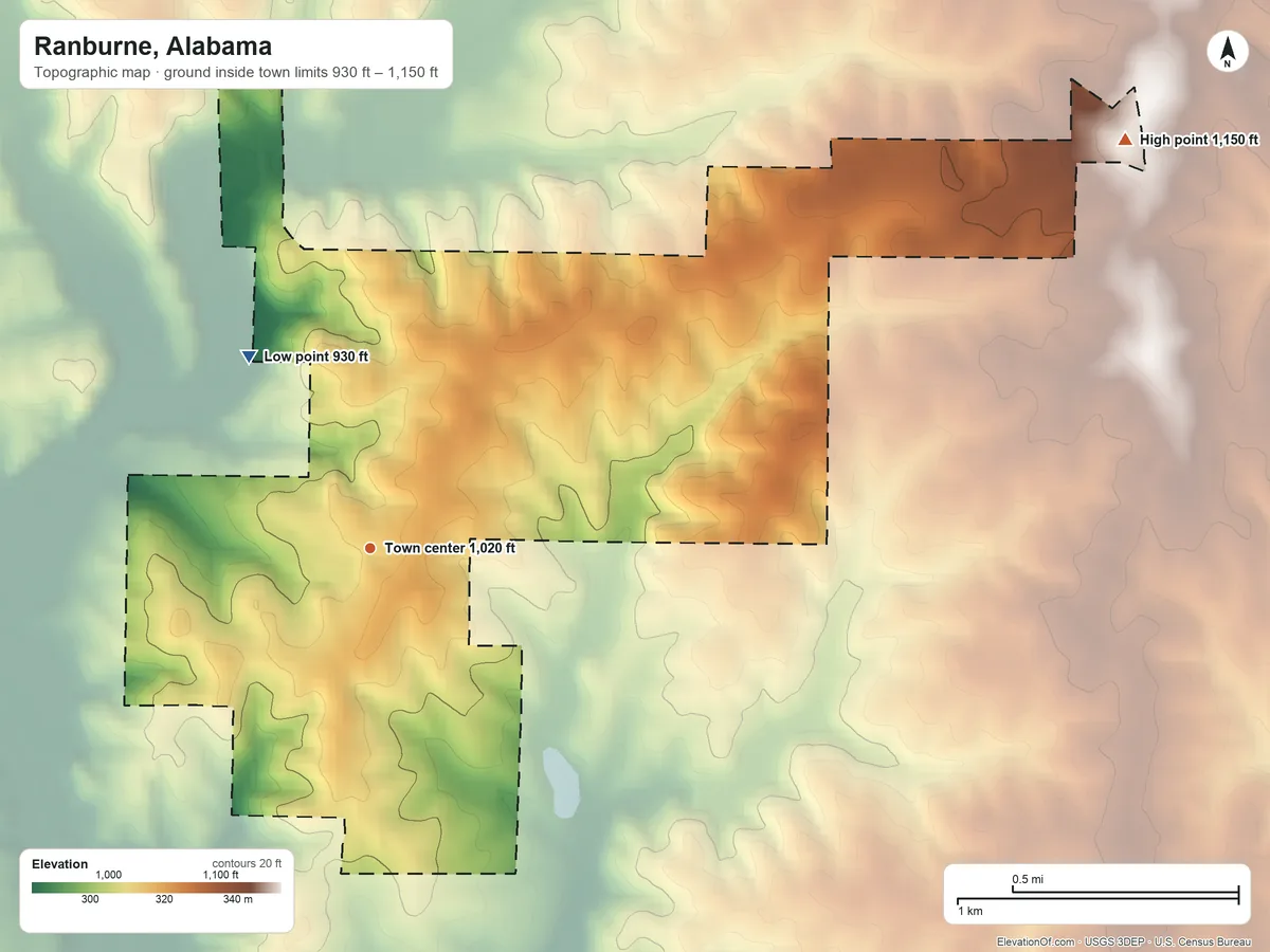Topographic elevation map of Ranburne, Alabama, shaded from 930 ft on the northwest side to 1,150 ft on the northeast side