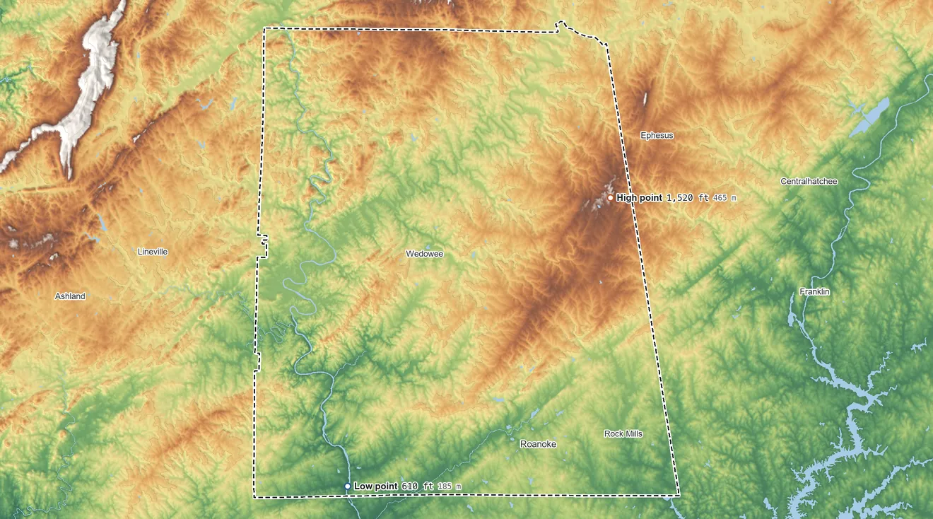 Topographic elevation map of Randolph County, Alabama, shaded from 610 ft on the southwest side to 1,520 ft on the northeast side