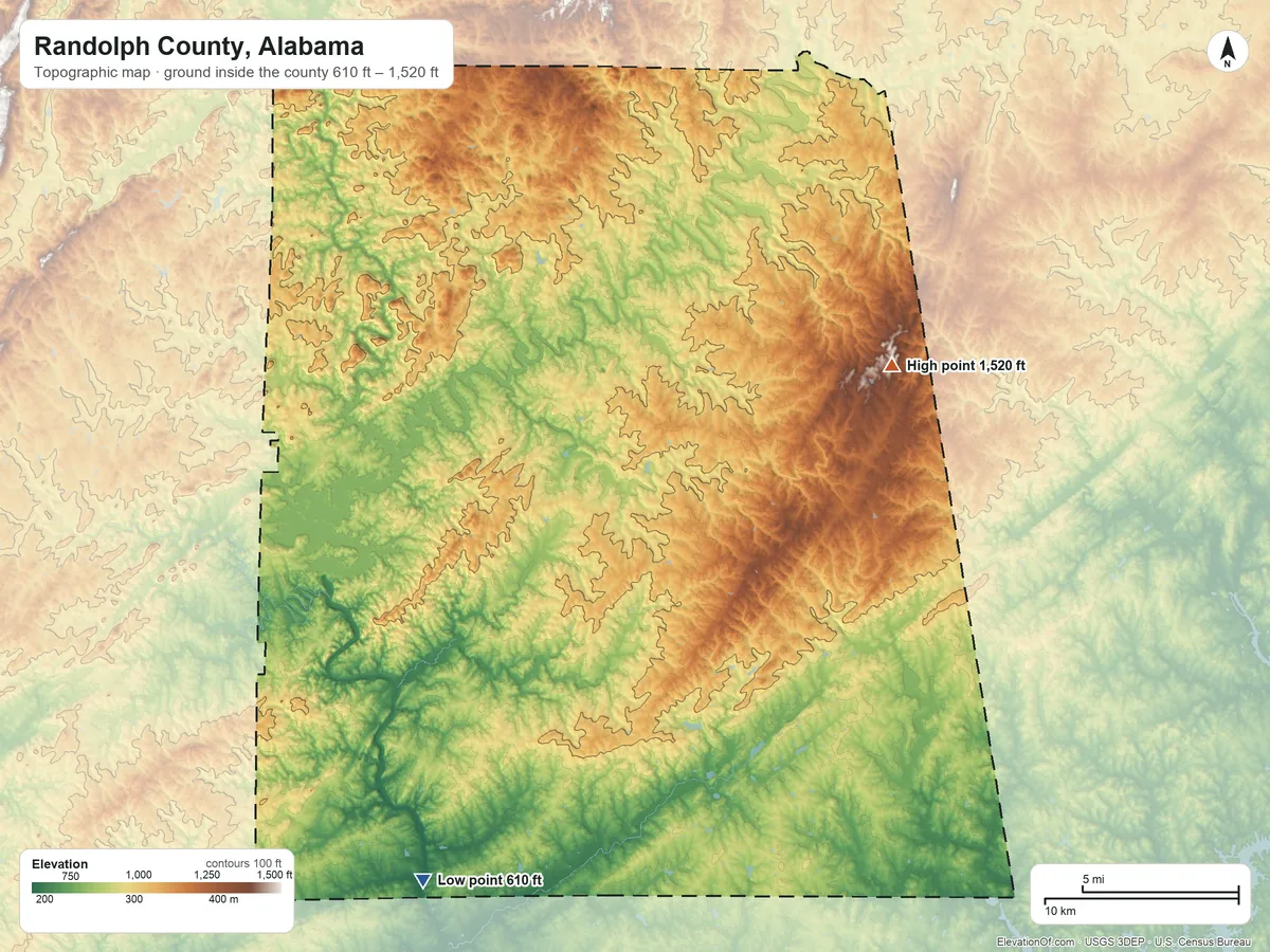 Topographic elevation map of Randolph County, Alabama, shaded from 610 ft on the southwest side to 1,520 ft on the northeast side