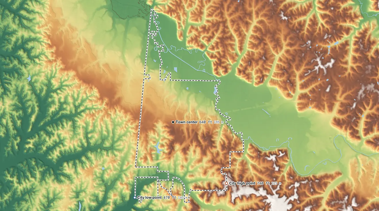 Topographic elevation map of Red Bay, Alabama, shaded from 470 ft on the southwest side to 740 ft on the southeast side