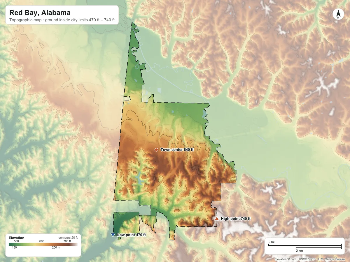 Topographic elevation map of Red Bay, Alabama, shaded from 470 ft on the southwest side to 740 ft on the southeast side