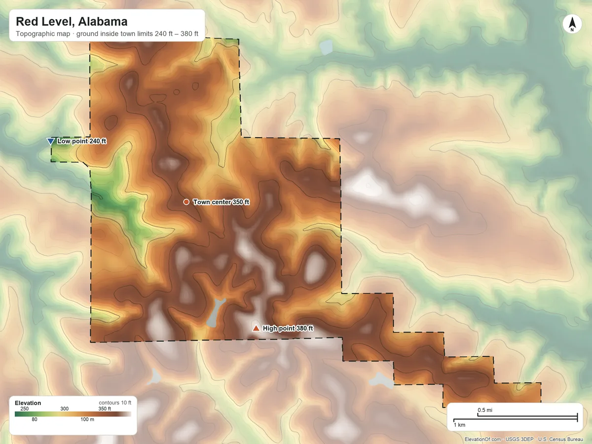Topographic elevation map of Red Level, Alabama, shaded from 240 ft on the northwest side to 380 ft on the southeast side