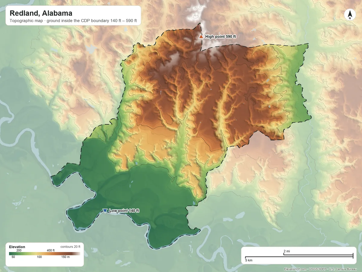 Topographic elevation map of Redland, Alabama, shaded from 140 ft on the southwest side to 590 ft on the north side