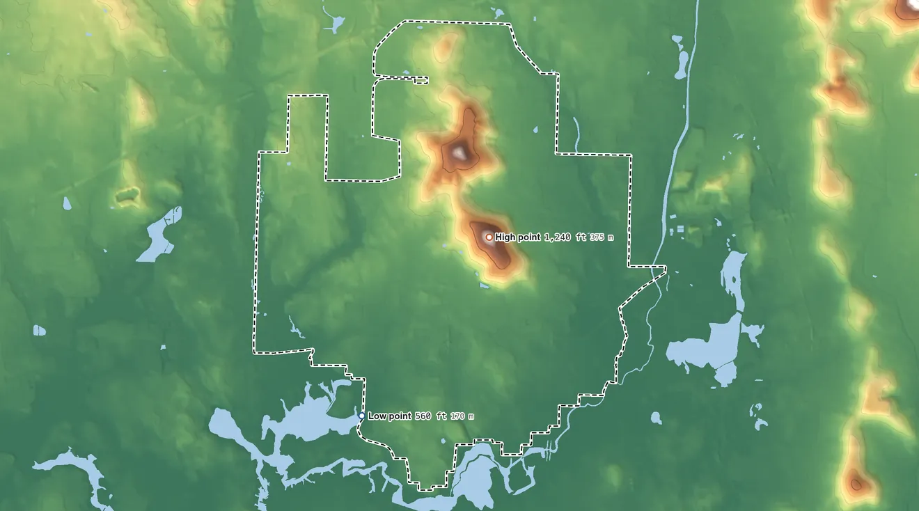 Topographic elevation map of Redstone Arsenal, Alabama, shaded from 560 ft on the south side to 1,240 ft on Madkin Mountain