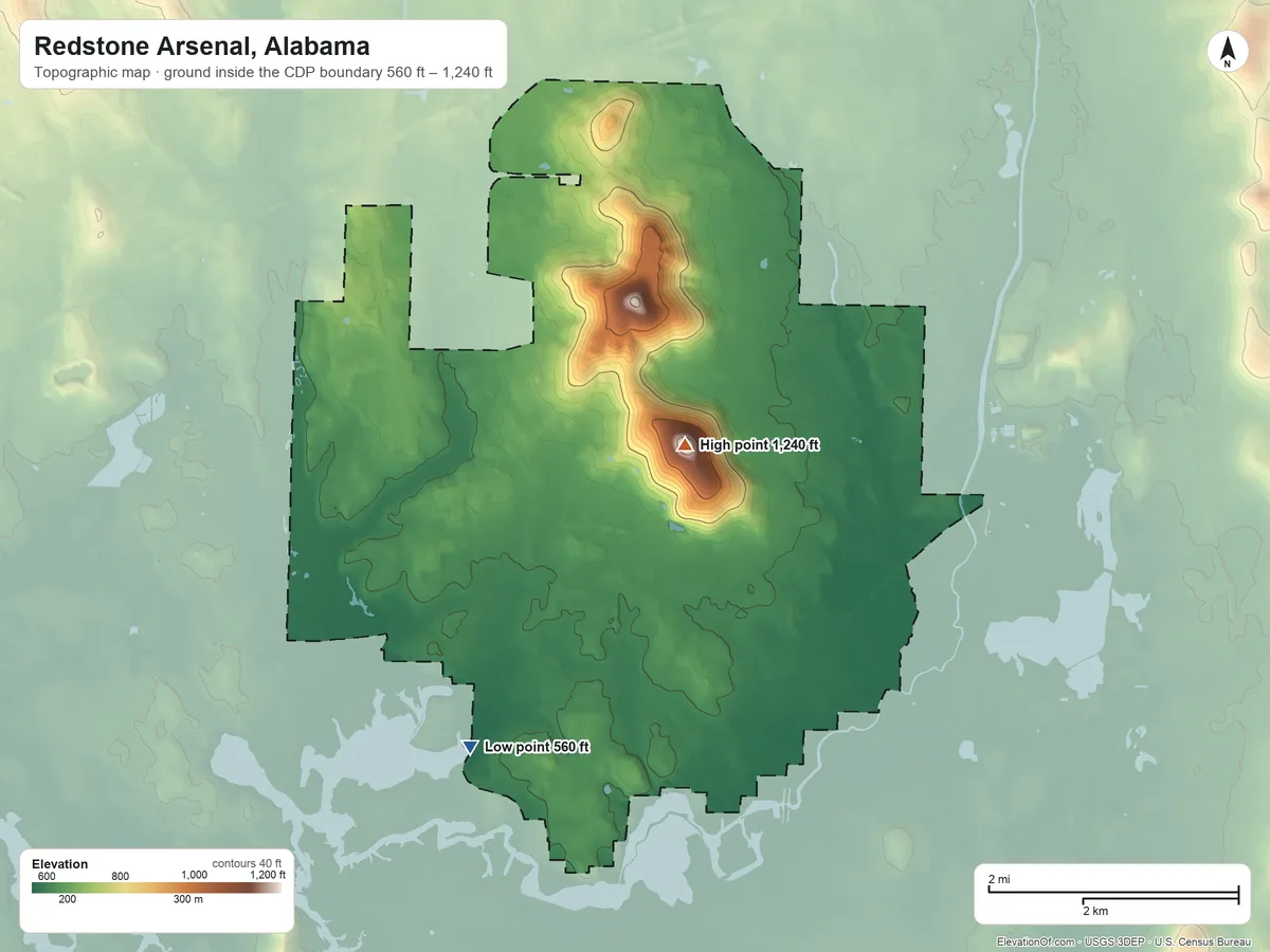 Topographic elevation map of Redstone Arsenal, Alabama, shaded from 560 ft on the south side to 1,240 ft on Madkin Mountain