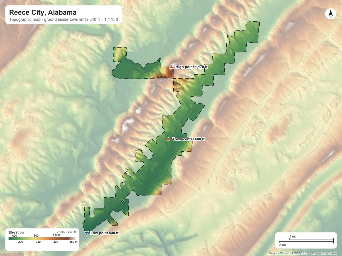 Topographic elevation map of Reece City, Alabama, shaded from 540 ft on the southwest side to 1,170 ft on the north side