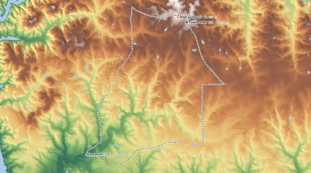 Topographic elevation map of Reeltown, Alabama, shaded from 320 ft on the southwest side to 640 ft near the middle