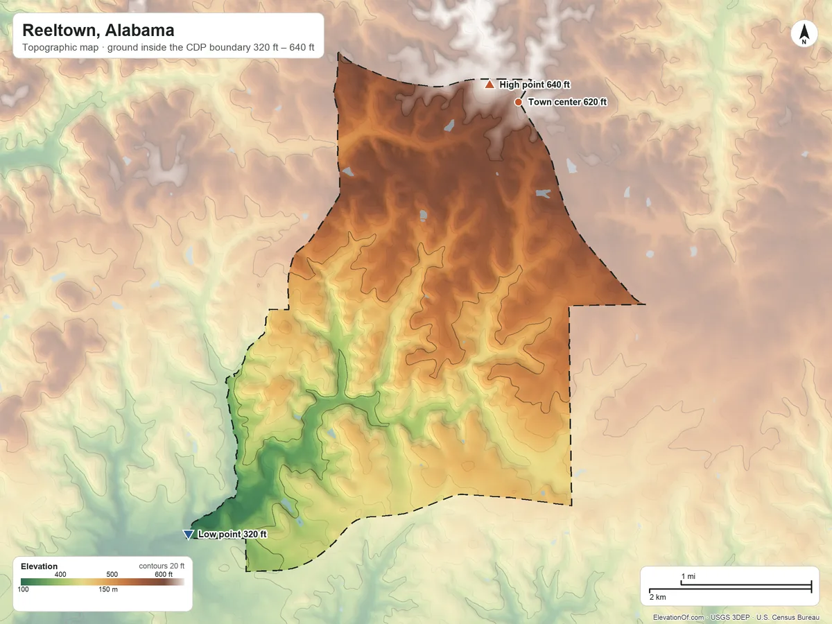 Topographic elevation map of Reeltown, Alabama, shaded from 320 ft on the southwest side to 640 ft near the middle