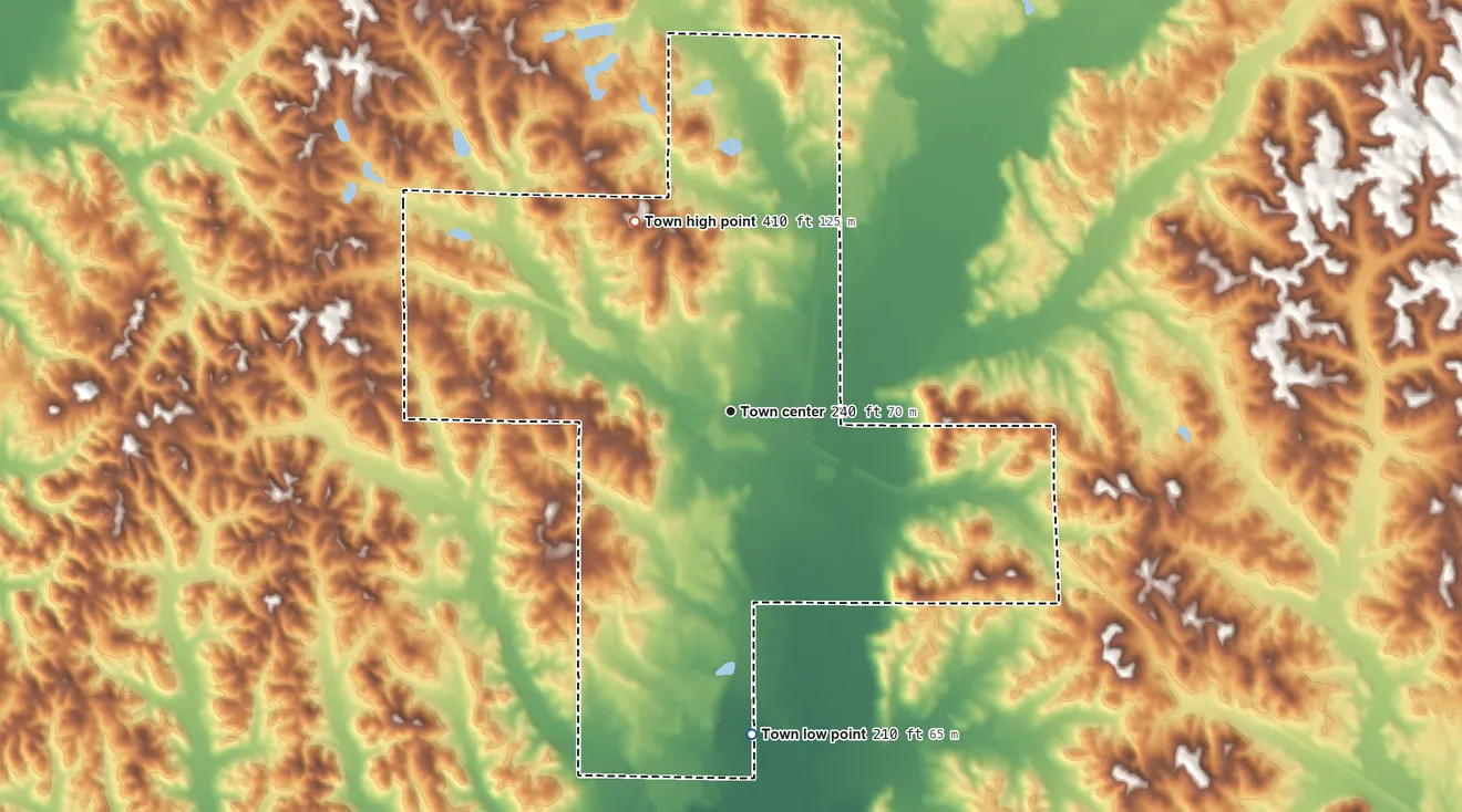 Topographic elevation map of Reform, Alabama, shaded from 210 ft on the south side to 410 ft on the northwest side