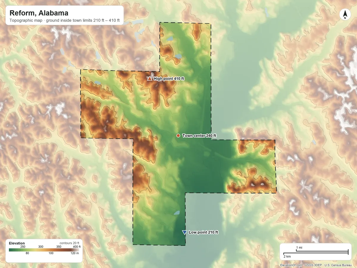 Topographic elevation map of Reform, Alabama, shaded from 210 ft on the south side to 410 ft on the northwest side