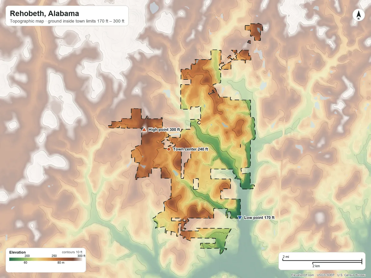 Topographic elevation map of Rehobeth, Alabama, shaded from 170 ft on the southeast side to 300 ft on the northwest side