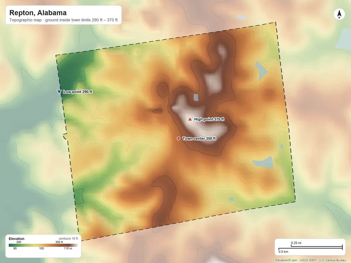 Topographic elevation map of Repton, Alabama, shaded from 290 ft on the west side to 370 ft near the middle