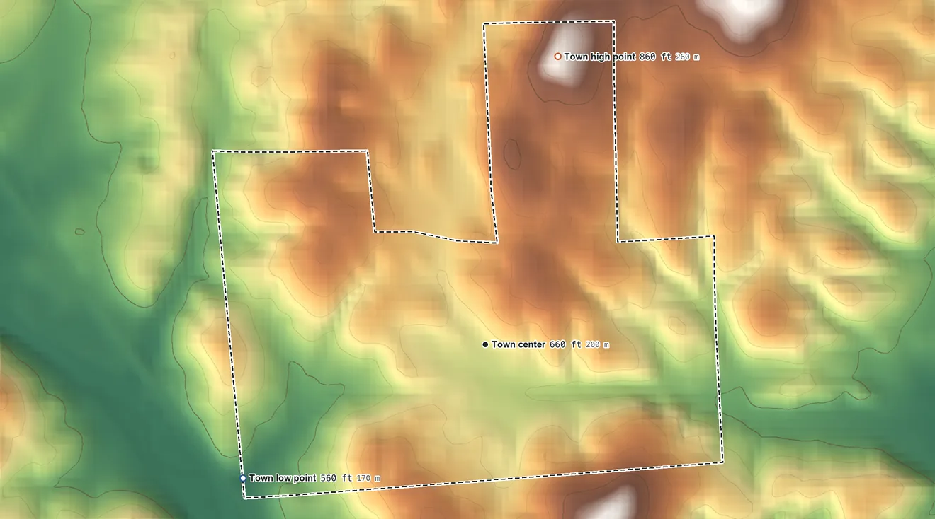 Topographic elevation map of Ridgeville, Alabama, shaded from 560 ft on the southwest side to 860 ft on the north side