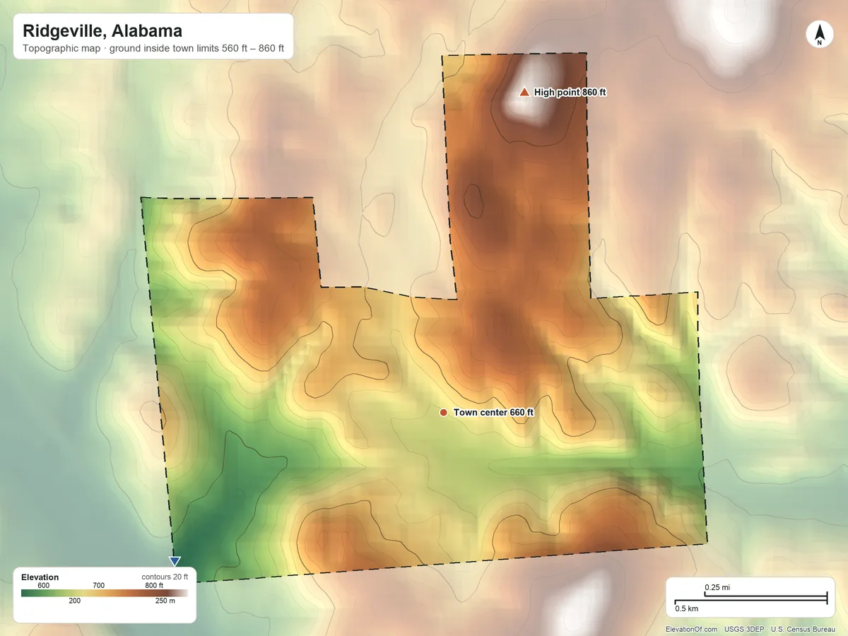 Topographic elevation map of Ridgeville, Alabama, shaded from 560 ft on the southwest side to 860 ft on the north side