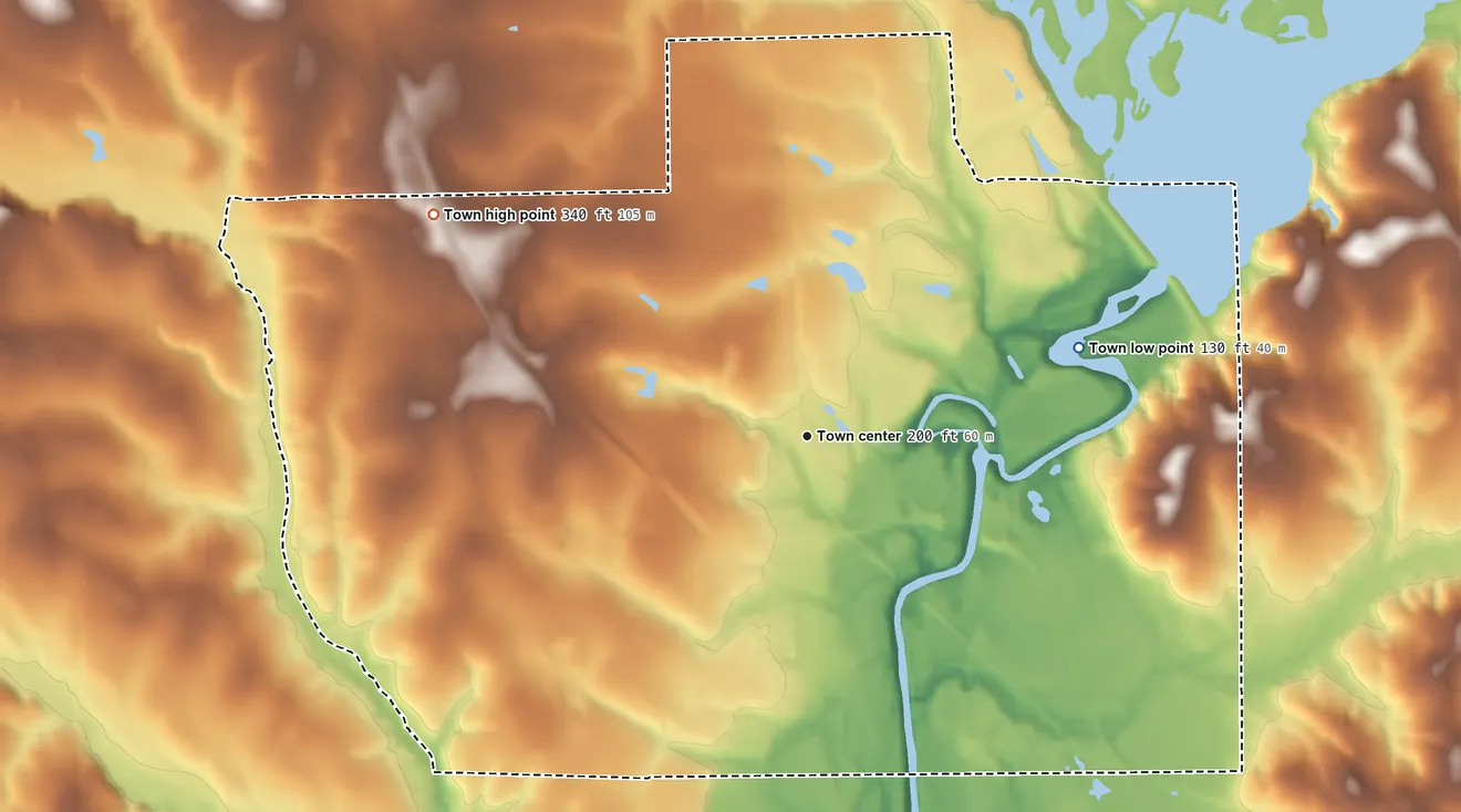 Topographic elevation map of River Falls, Alabama, shaded from 130 ft on the east side to 340 ft on the northwest side