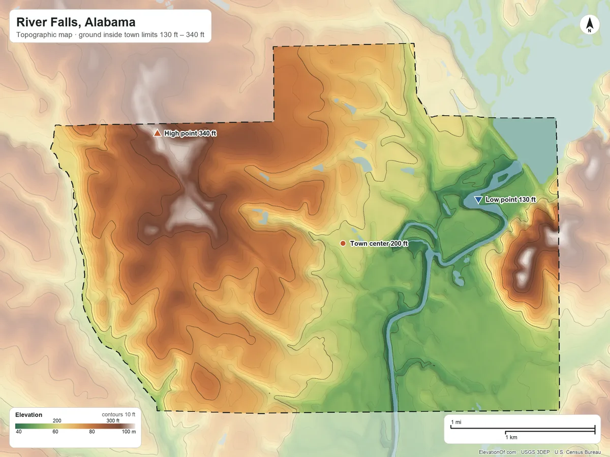 Topographic elevation map of River Falls, Alabama, shaded from 130 ft on the east side to 340 ft on the northwest side