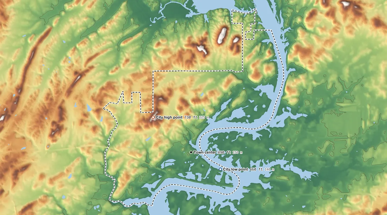 Topographic elevation map of Riverside, Alabama, shaded from 460 ft on the southeast side to 730 ft on the northwest side