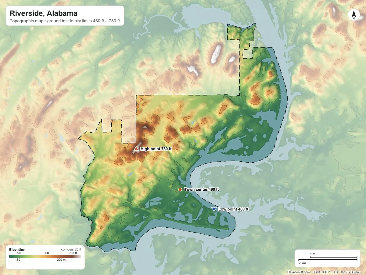 Topographic elevation map of Riverside, Alabama, shaded from 460 ft on the southeast side to 730 ft on the northwest side