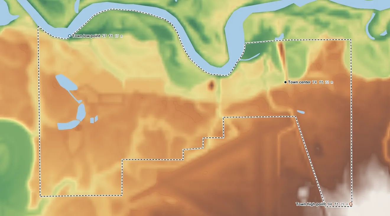 Topographic elevation map of Riverview, Alabama, shaded from 57 ft on the west side to 94 ft on the southeast side