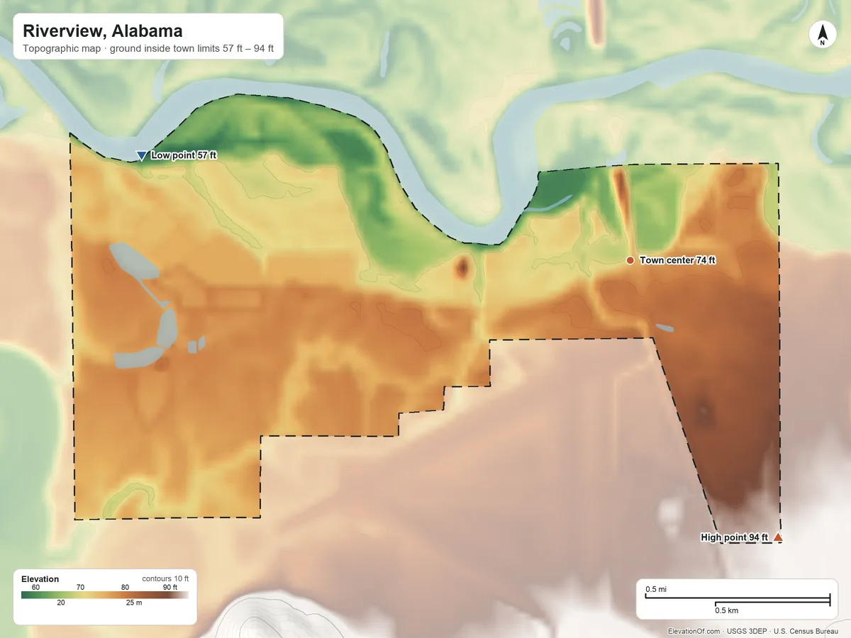 Topographic elevation map of Riverview, Alabama, shaded from 57 ft on the west side to 94 ft on the southeast side