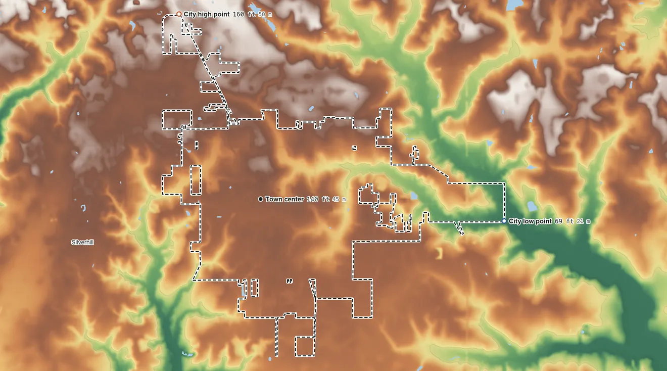 Topographic elevation map of Robertsdale, Alabama, shaded from 69 ft on the east side to 160 ft on the northwest side