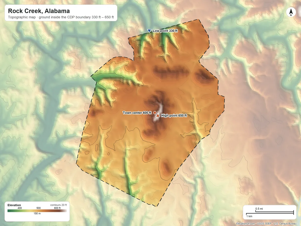 Topographic elevation map of Rock Creek, Alabama, shaded from 330 ft on the north side to 650 ft near the middle