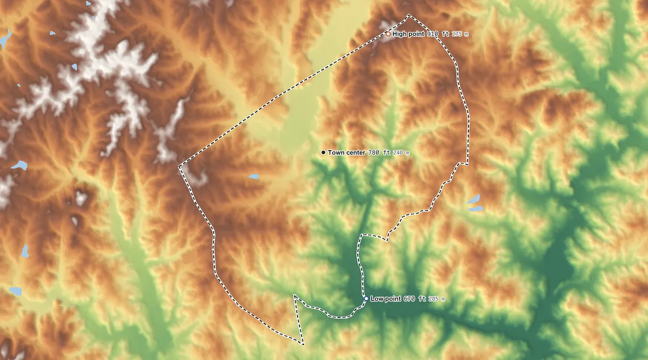 Topographic elevation map of Rock Mills, Alabama, shaded from 670 ft on the south side to 910 ft on the northeast side