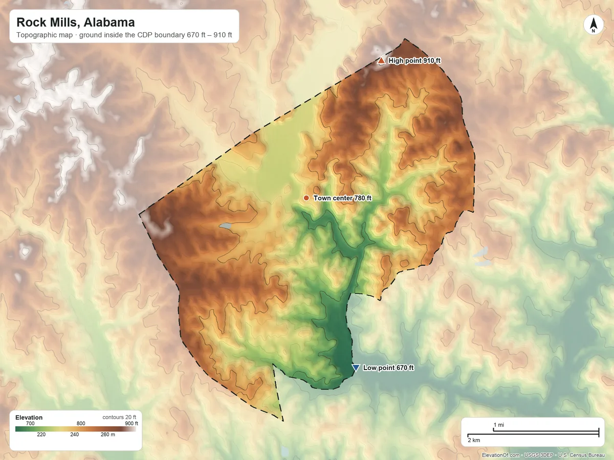 Topographic elevation map of Rock Mills, Alabama, shaded from 670 ft on the south side to 910 ft on the northeast side