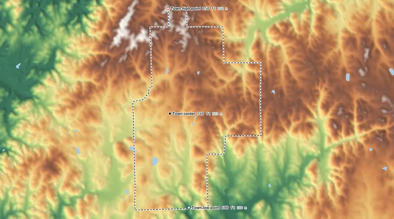 Topographic elevation map of Rockford, Alabama, shaded from 600 ft on the south side to 850 ft on the north side
