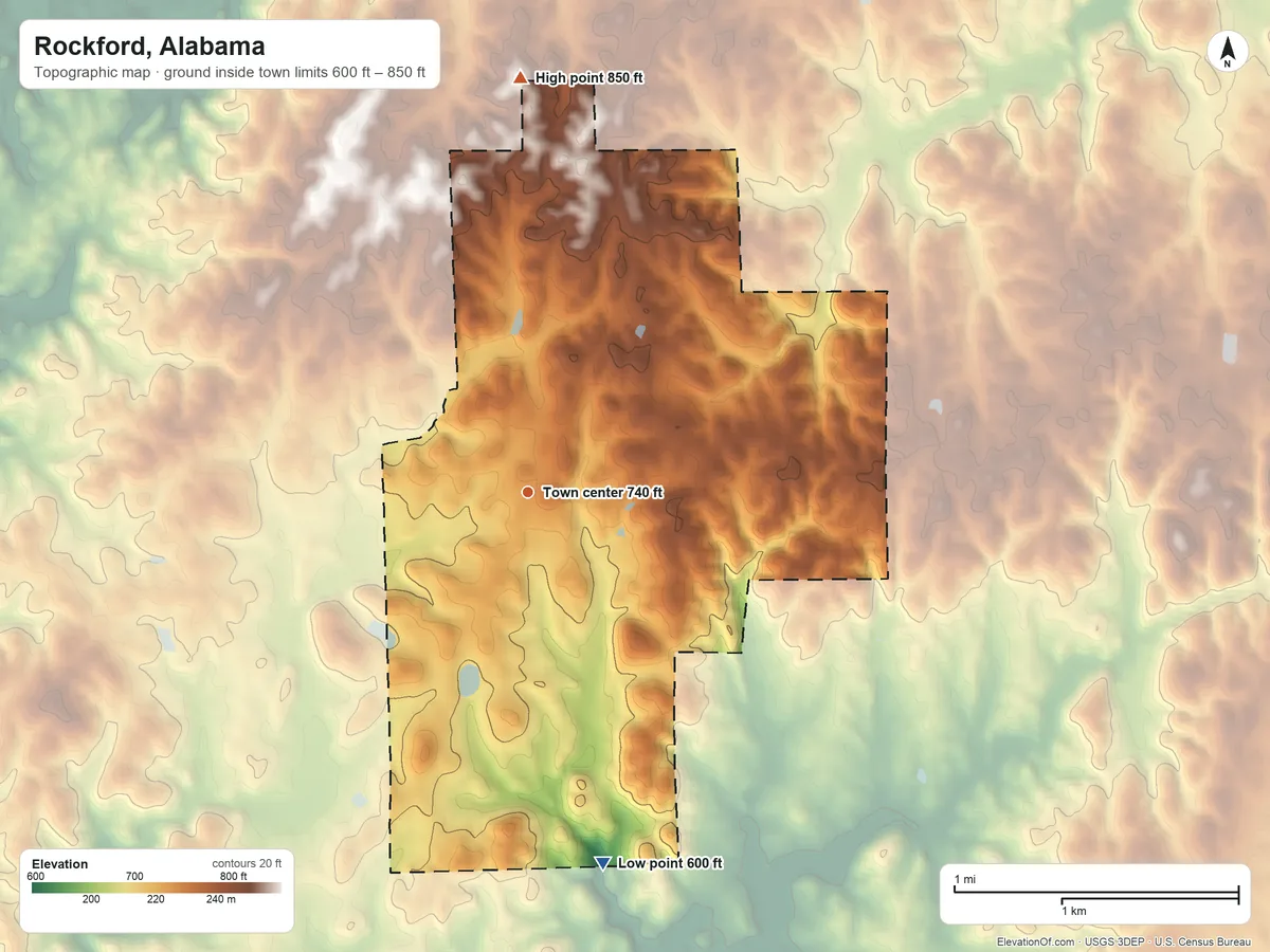 Topographic elevation map of Rockford, Alabama, shaded from 600 ft on the south side to 850 ft on the north side
