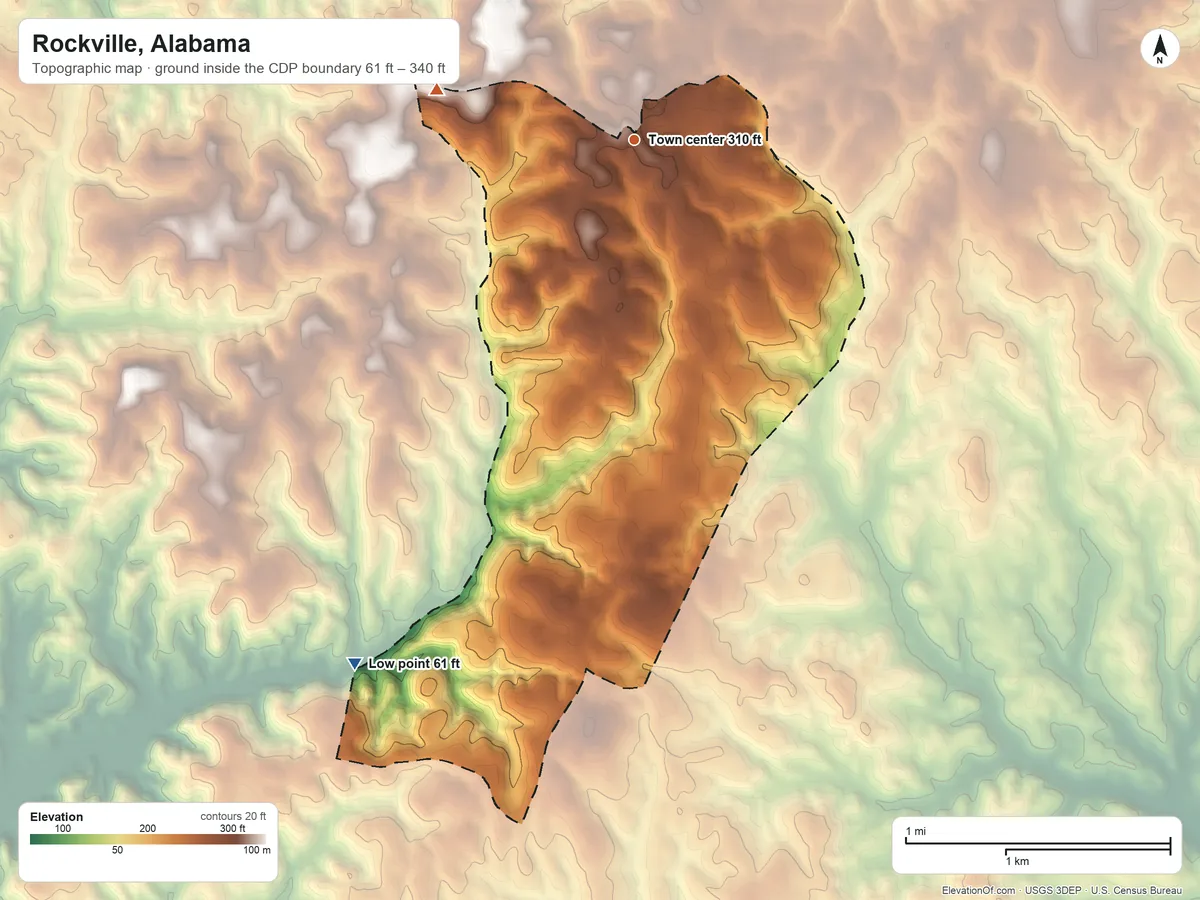 Topographic elevation map of Rockville, Alabama, shaded from 61 ft on the southwest side to 340 ft on the west side