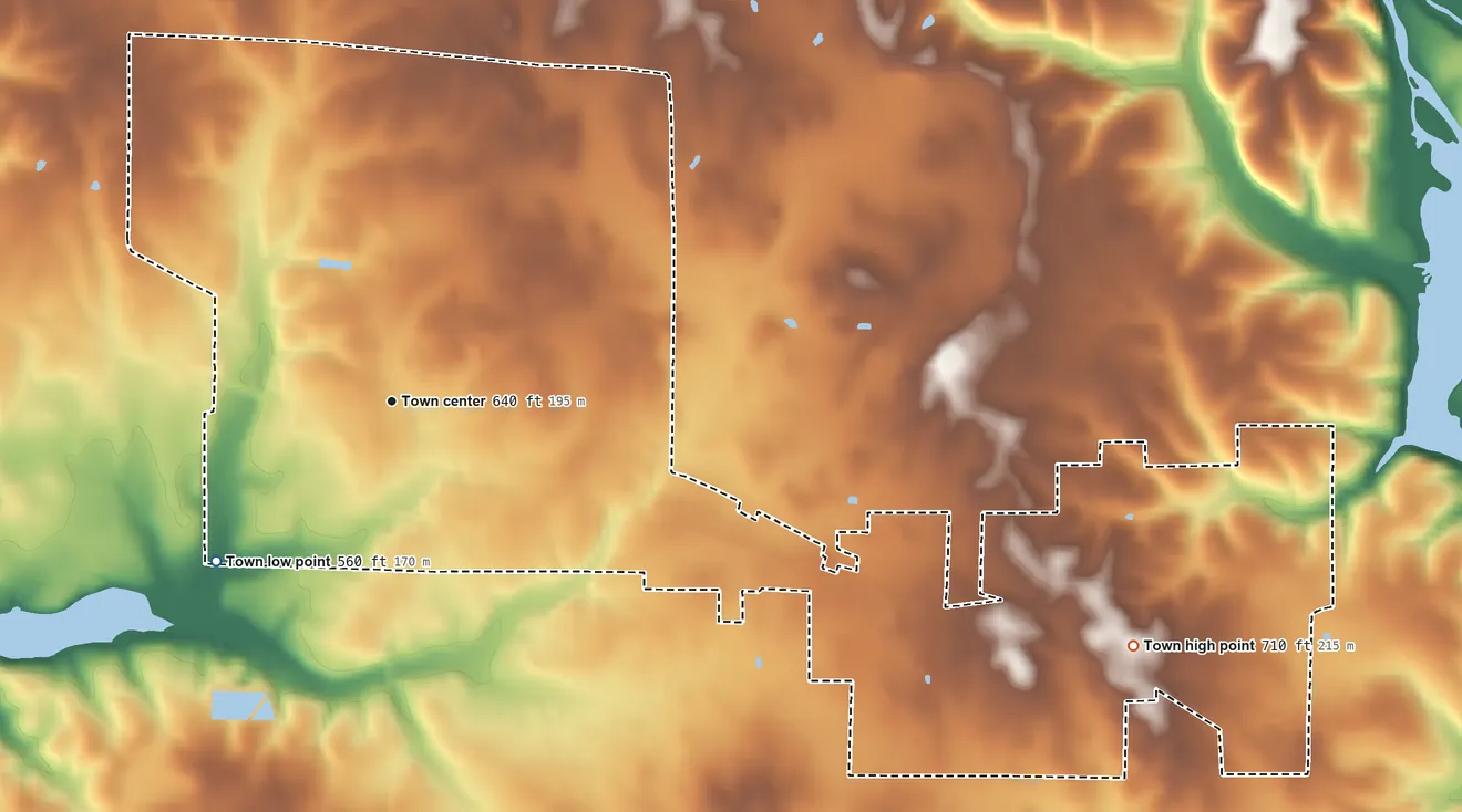 Topographic elevation map of Rogersville, Alabama, shaded from 560 ft on the southwest side to 710 ft on the east side