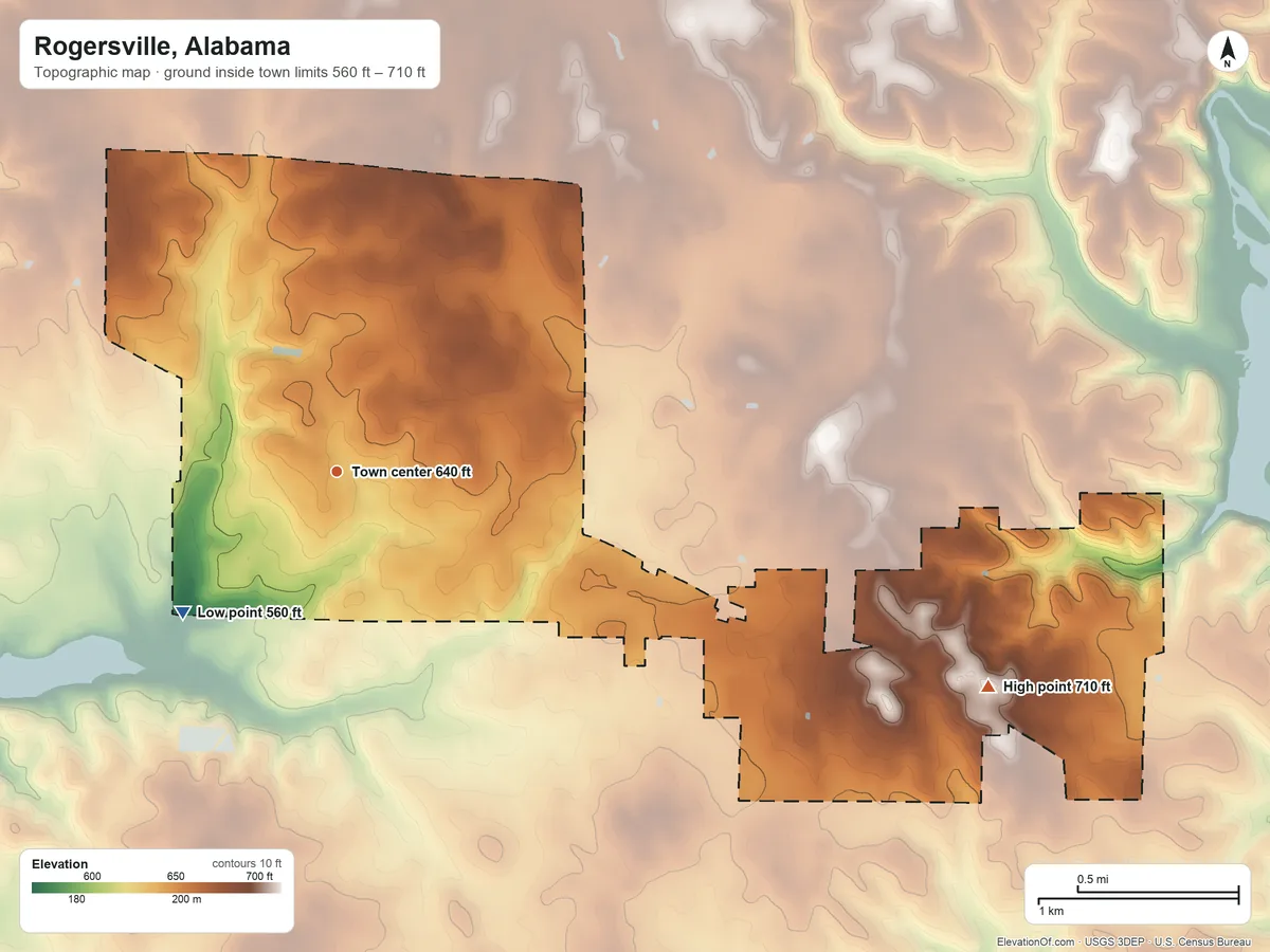 Topographic elevation map of Rogersville, Alabama, shaded from 560 ft on the southwest side to 710 ft on the east side