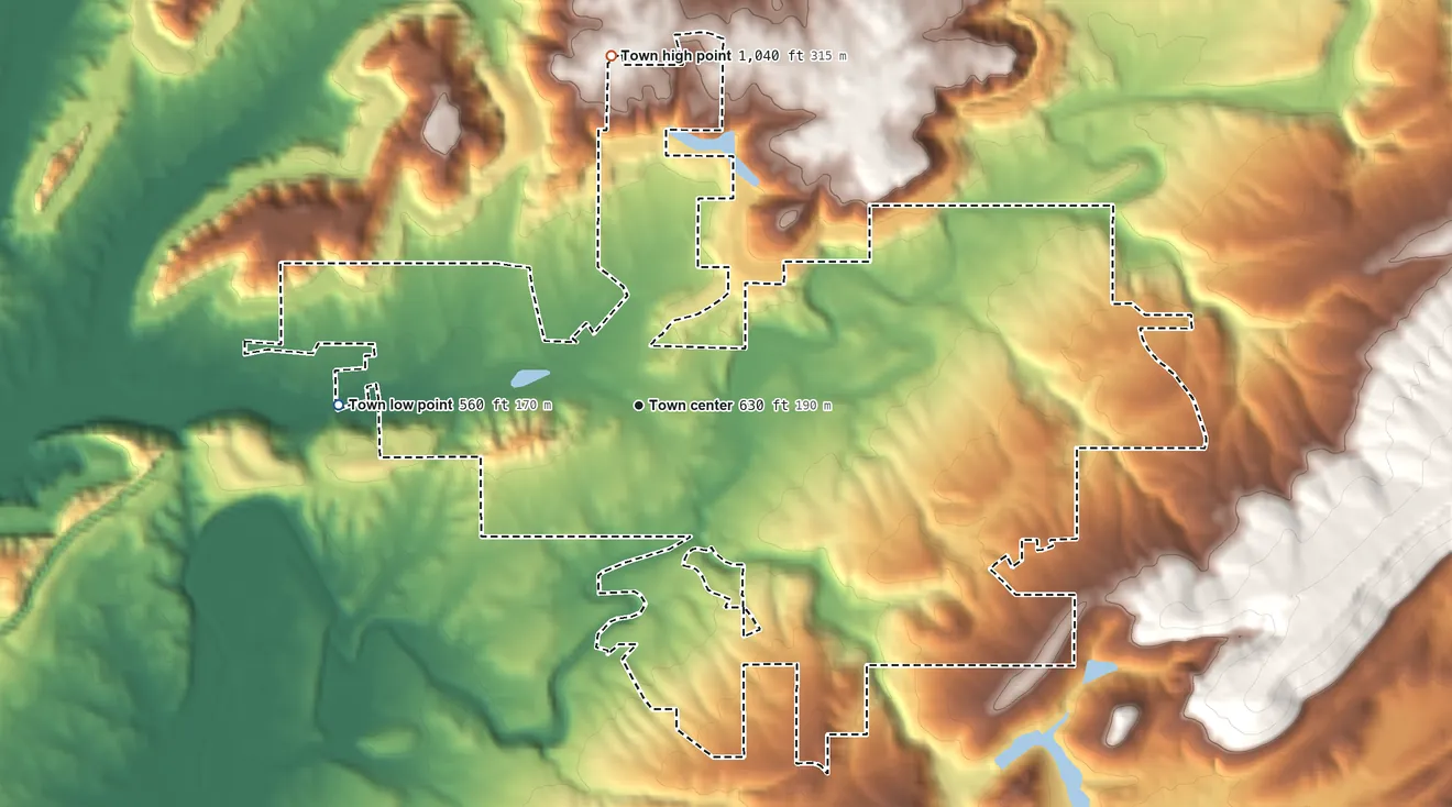 Topographic elevation map of Rosa, Alabama, shaded from 560 ft on the west side to 1,040 ft on the north side
