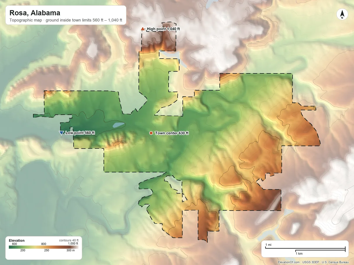Topographic elevation map of Rosa, Alabama, shaded from 560 ft on the west side to 1,040 ft on the north side