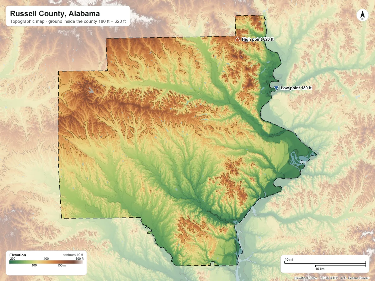Topographic elevation map of Russell County, Alabama, shaded from 180 ft on the northeast side to 620 ft on the northeast side