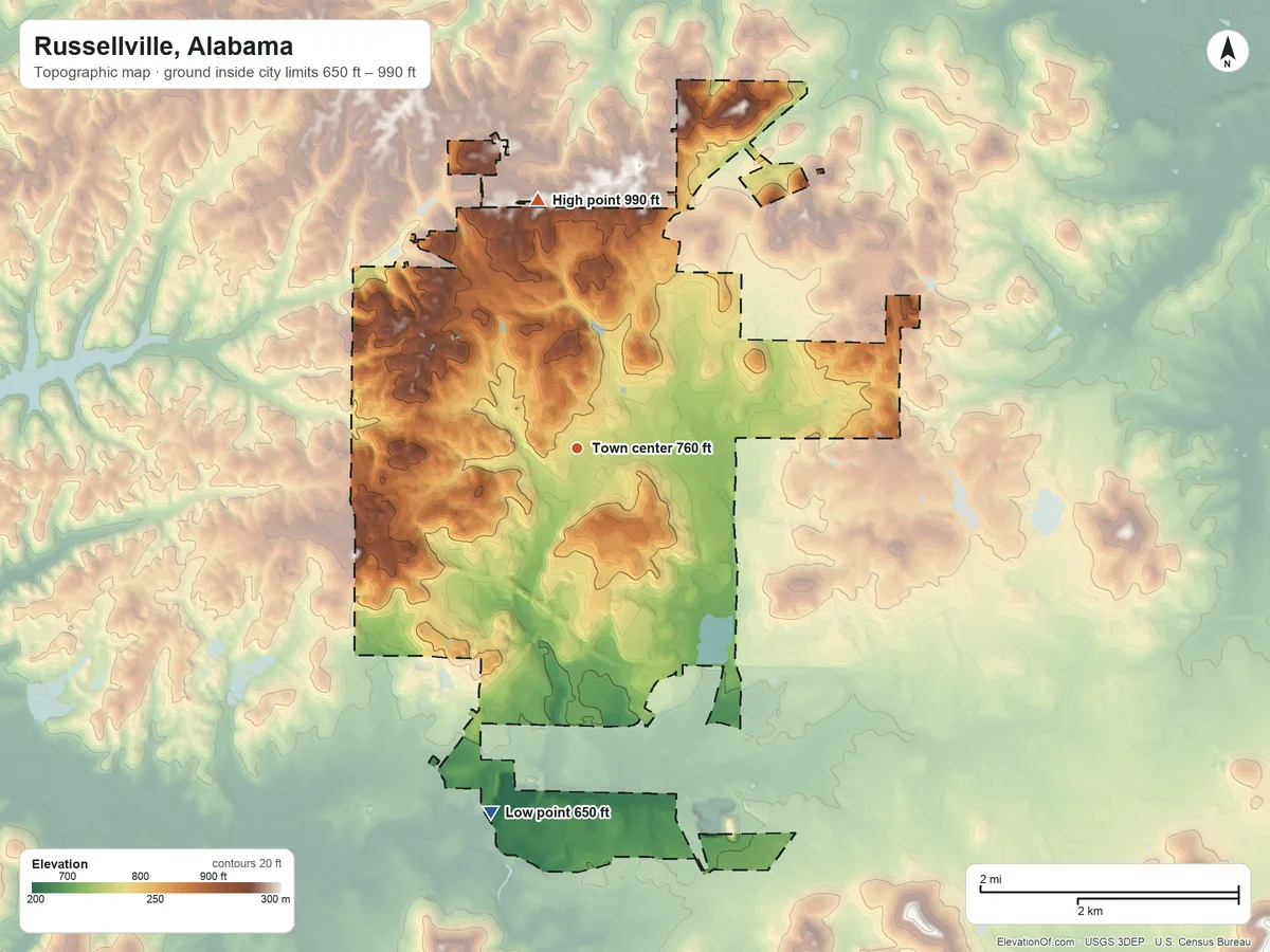 Topographic elevation map of Russellville, Alabama, shaded from 650 ft on the south side to 990 ft on the north side