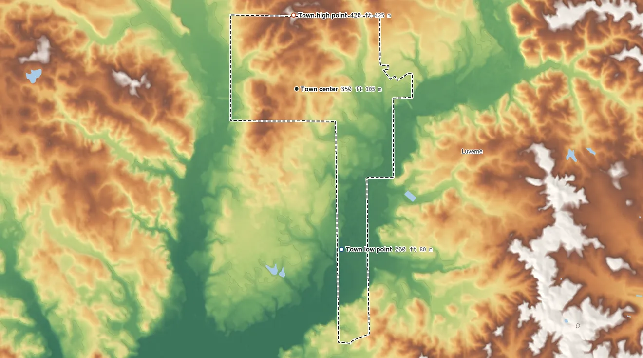 Topographic elevation map of Rutledge, Alabama, shaded from 260 ft on the south side to 420 ft on the north side