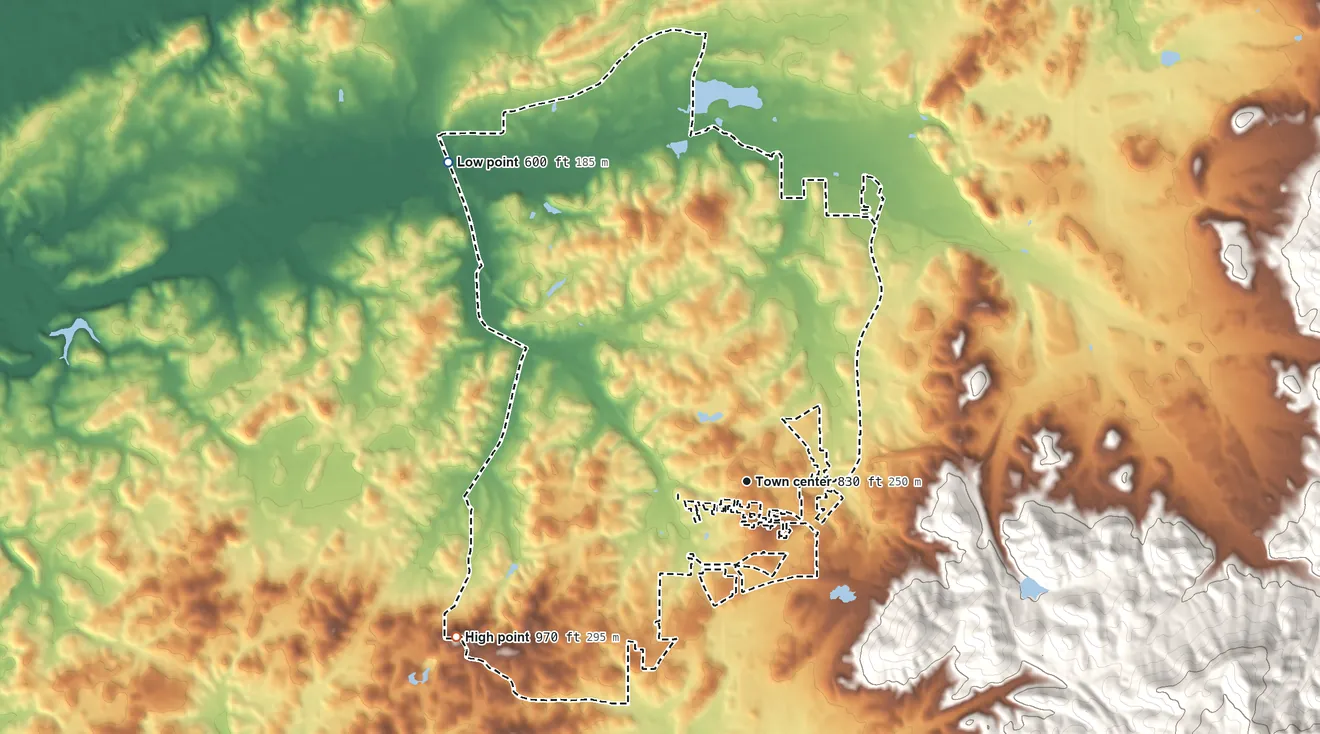 Topographic elevation map of Saks, Alabama, shaded from 600 ft on the northwest side to 970 ft on the southwest side