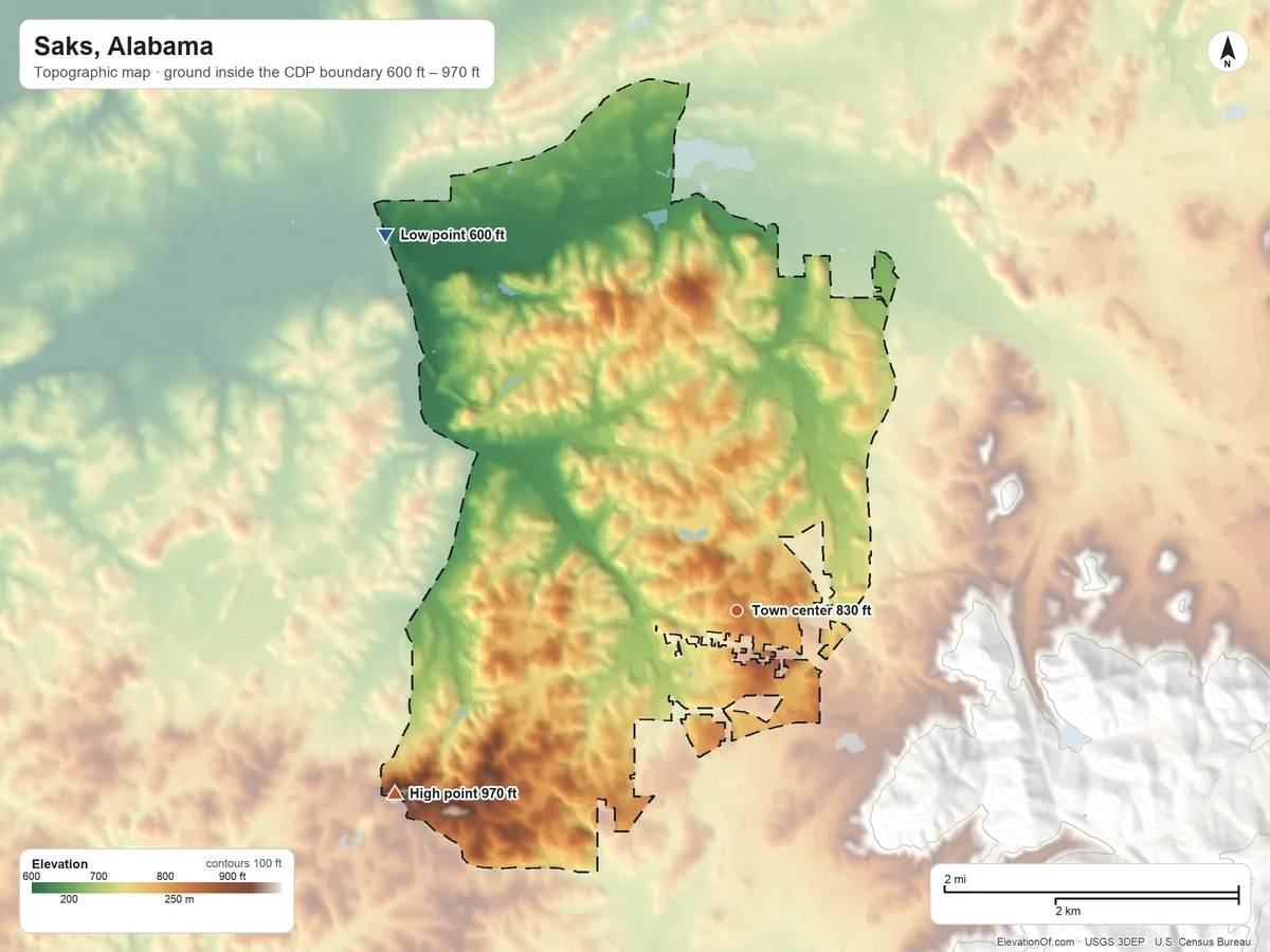 Topographic elevation map of Saks, Alabama, shaded from 600 ft on the northwest side to 970 ft on the southwest side
