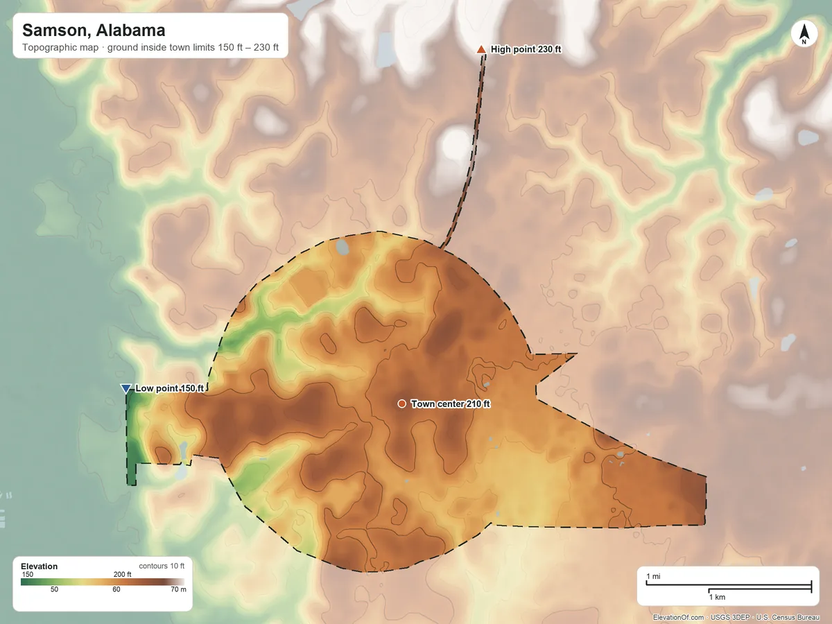 Topographic elevation map of Samson, Alabama, shaded from 150 ft on the west side to 230 ft on the north side